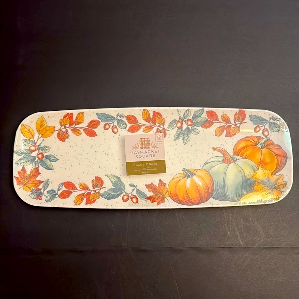 3pc HAYMARKET SQUARE Disposable Autumn Leaves/Pumpkin Serving Platter - 17"